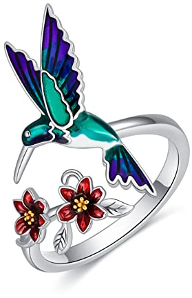 SLIACETE 925 Sterling Silber Kolibri Ring für Frauen Mädchen Blume Kolibri Offene Ringe Kolibri Schmuck Geschenke 52