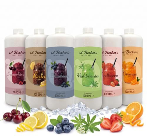 A. Becker´s Slush Eis Sirup | Ohne Azofarbstoffe | 6x 1L Kirsche, Cola, Blaubeere, Waldmeister, Erdbeere, Orange | 1L Slushy Konzentrat ergibt 6L Eis | Getränkesirup für Slushie Maschine und Mixer