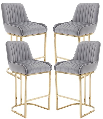 chairus Barhocker Samt Mit Lehne Metallbeine Fußstütze 4er Set Grau | Samt-Bezug, mit Rückenlehne, Metallbeine, Fußstütze, für Kücheninsel, Theke, Hausbar, Bistro