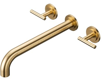 WOWOW Wall Mount Tub Filler: Gold Tub Faucet High Flow Two Handles Solid Brass, Long Spout Reach,Tub Faucet Bathroom Bathtub Faucets with 2 Handles Tub Faucets with Brass Rough in Valve Included