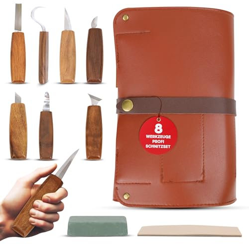 Eli® Set di utensili professionali per intaglio di alta qualità, con custodia e pelle di estrazione, manici in legno di noce, acciaio inossidabile, coltello da intaglio – set da intaglio – attrezzi –