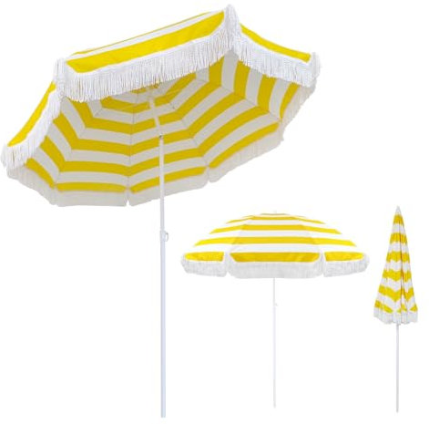 180cm Parasol Plage Anti Uv 50+ Parasol De Jardin Extérieur Jaune Blanc Rayé Parasol De Terrasse Avec Inclinable Parasol À Frange 8 Baleines Parasol De Terrasse Pour Balcon Jardin Terrasse Plage