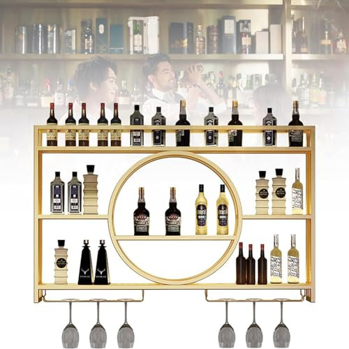 Wall Mounted Wine Rack with Stemware Hanger, Modern Metal Wall Mounted Wine Display Rack Metal Frame Hanging Drink Display Storage Holder for Kitchen Bar Dining Room(Size:140*15*80cm,Color:Gold)