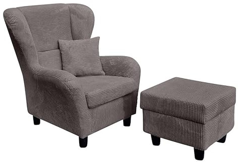 luma-Home 18019/ Ohrensessel mit Hocker im Landhaus-Stil, Grau | B90/H98/T76 cm, hoher Sitzkomfort durch Wellenunterfederung, Lesesessel mit Echtholzfüßen & Zierkissen, Cord-Bezug