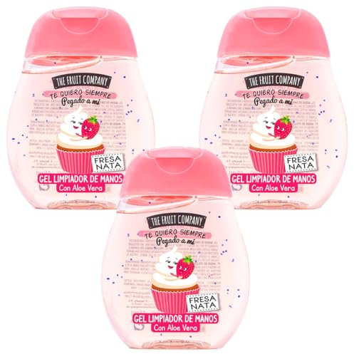 The Fruit Company Gel detergente per le mani fragola crema crema confezione da 3 pezzi da 45 ml 70% alcool con aloe vera, formato tasca
