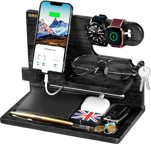 Grogife Geschenke für Männer, Funktionales Geschenk für Ihn Papa, Herren, Ehemann, Ihn, Dockingstation Holz für Brüder Opa Schwiegersohn Vater from Sohn, Nachttisch Schreibtisch Organizer Black