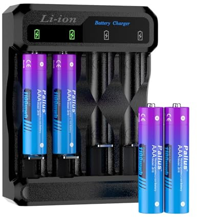 Pallus Rechargeable AAA Lithium Batteries, High Capacity 1100mWh, 4PCS 1.5V Lithium Battery AAA with 4-Slot Voice-Reminder Charger