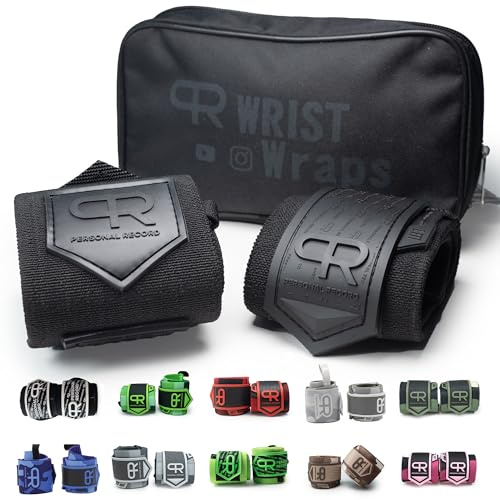 PR Personal Record Heavy Duty Premium Wrist Wraps, More Elasticity, Reinforced Stitching, Extra Wide Strap, Strong Thumb Loop, Larry Wheels Weightlifting Wraps, Lifting Wrist Wraps - All Black