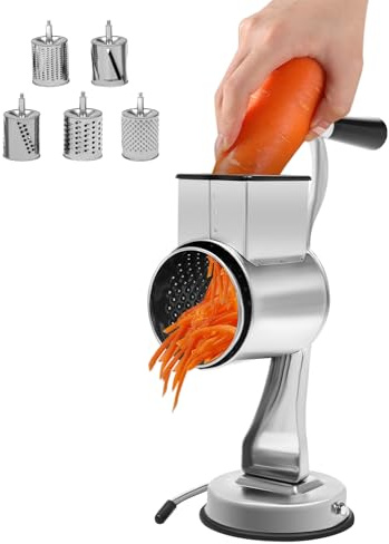 Râpe à tambour en acier inoxydable - Coupe-légumes manuel - Râpe rotative - Avec 5 lames à tambour - Râpe à fromage multifonction - Pour couper et hacher les pommes de terre, concombres, citrons