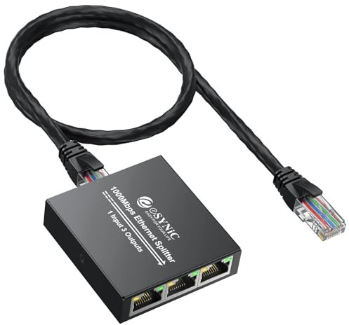 eSynic Gigabit Ethernet Splitter 1 in 3 Out con Cavo di Rete 0.5m, RJ45 LAN Splitter Switch 1 a 3 Porte 1000mbps con Cavo Type-C di Alimentazione, 1X3 Splitter di Rete Supporta Cavi Cat5/5e/6/7/8