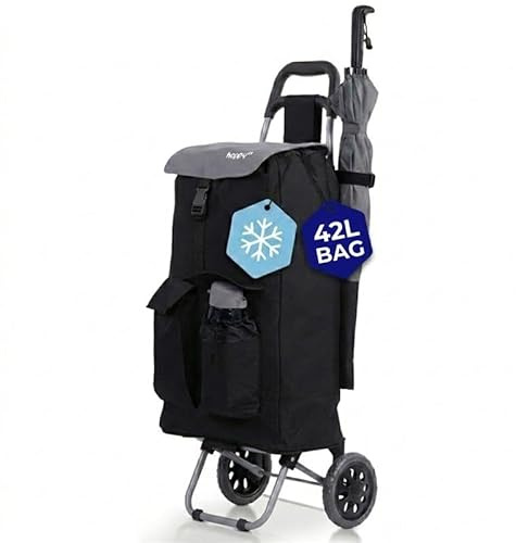 Hoppa Shopping Trolley on Wheels 42L Large Capacity - Lightweight Foldable Shopping Bag on Wheels | Insulated Grocery Trolley Bag | Waterproof | 2 Wheel Shopping Trolley with Pockets & Shoulder Strap