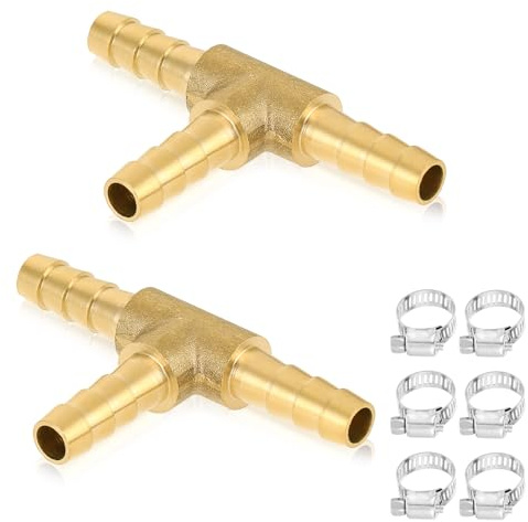 2Pcs 1/4 x 1/4x 1/4 Brass Tee,Brass Hose Barb Tee T-Shaped 3 Ways Union with 6pcs Stainless Steel Pipe Clamps for Water/Fuel/Air