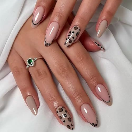 Mrltau 24 Pcs Leopard Print French Nails, Almond Shape, Gel Material, Press-On Nails, 24 Stück, 1 ml (24er Pack)