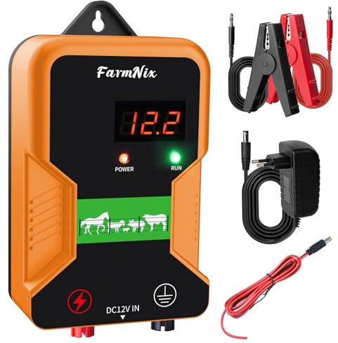 Elektrozaun-Ladegerät 15 km Reichweite mit LED Anzeige, 2 Joule 12kV Elektronisches Weidezaungerät 230V für Rinder, Schafe, Geflügel, Vieh, Steuergerät zum Schutz von Gärten （Schwarz Orange）