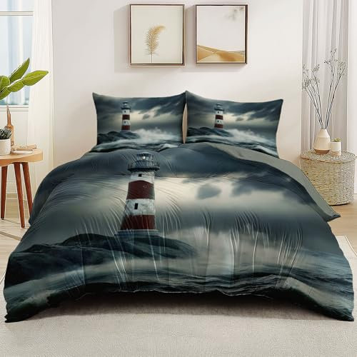 Generico Copripiumino Fantasia Faro Onde reversibile a fantasia con cerniera Grigio Completi letto in morbida microfibra non stirabile per l'estate e l'inverno 250 x 200 cm