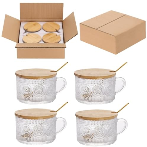 6 Pack 14oz Vintage Glass Coffee Mugs with Bamboo Lids and Spoons, Overnight Oats Container，Glass Coffee Cup, Iced Coffee Glasses，Coffee Gift Set，Gifts for Women，Gifts for Mum, Mother's Day Gift