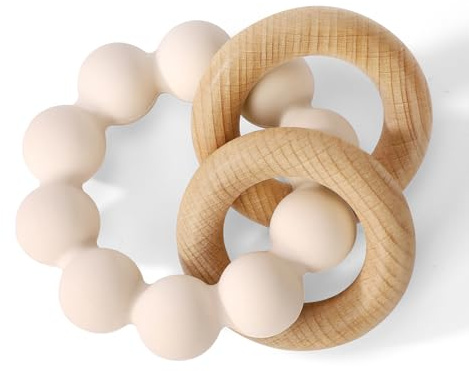 Socub Baby Teething Toys for 0-6 6-12 Months- BPA-Free Food-Grade Silicone & Natural Beech Wood Teether Ring for Newborn Infants Teething Relief- Easy-Grip Sensory Rattle Toys(Shifting Sand)