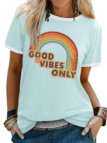 WIEIYM Women Good Vibes Rainbow Graphic T Shirt Casual Summer Tee | Daily Wear, S-XXL, Lightweight Fabric, Letter Print Design, Relaxed Fit for Summer Holiday Outfits