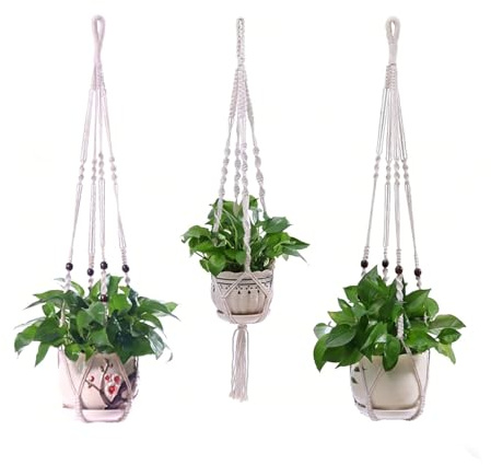 Makramee Blumenampel 3 Stück, Blumenampel hängend Innen, Hängender Blumentopfhalter, Hängetopf für Pflanzen mit Baumwollseil für Innen Außen Decken Balkone Wanddekoration, 88/90/92cm (Weiß)