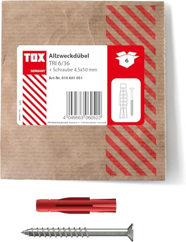 TOX 5x31 mm, Allzweckdübel TRI M, Dübel für zuverlässige Befestigungen in Fast Allen Baustoffen, 10 Stück in Einer wiederverschließbaren und umweltschonenden Papierverpackung, 010600021, Rot