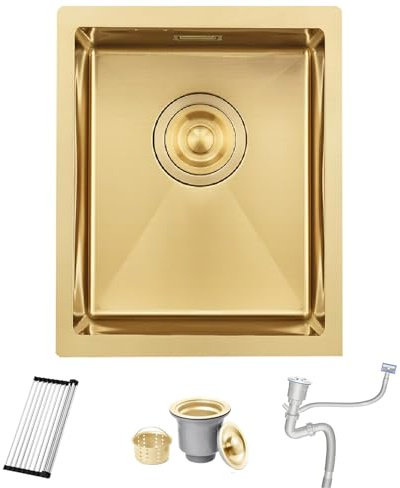 Bokaiya Évier de cuisine, en acier inoxydable 304, 35 x 45 cm, Petit Évier de cuisine, Montage Encastré ou Supérieur, avec Trop-Plein, Siphon, Support Enroulable, Or