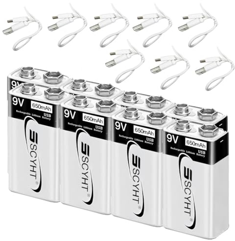 SSCYHT Batterie Li-ION 9 V Batterie Rechargeable USB 650 mAh Batteries Lithium pour détecteur de fumée 9 V Batteries carrées avec câble de Type C, Charge Rapide en 1 h,9v650mah 8pack