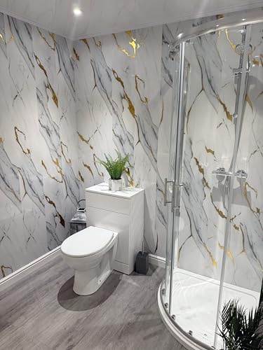 DBS Gold White Marble 8mm Bathroom Panels Shower Wall PVC Cladding (6 Panels)