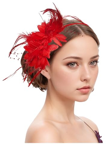 Fascinator Hüte Für Damen Bänder Federn Auf Einem Stirnband Blume Mit Perle Feder Fascinators Hut Stirnband und Einer Gegabelten Clip Hochzeit Cocktail Tea Party Hut Kopfbedeckung Für (Red, One Size)