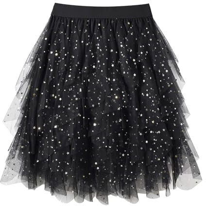 TRIWORKS Sparkly Black Tulle Skirt Women Irregular Elastic High Waist Layered Mesh Tulle Tutu Midi A-line Fairy Skirt Halloween Prom Party Ballet Bubble L