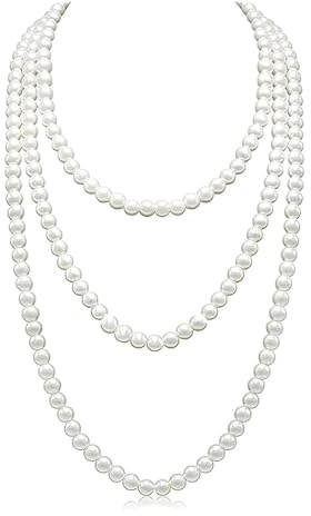 Yuannee Frauen Perlenkette,150cm Weiße Weisse Perlenkette Lang Elegante Künstliche Perlen-Halskette 1920er Jahre Runde Perlenkettes Strickjacke-Perlen-Ketten-Halskette für Party Hochzeit Fasching