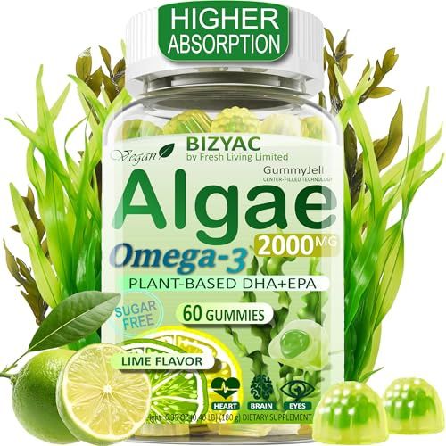 Algae Gummies, Omega 3 Gummies 2200mg from Algae Oil | DHA 640mg & EPA 290mg| Vegan | for Women & Men | CoQ10 | Astaxanthin | Vitamin A, E, D3 for Brain, Eye, Antioxidant, Sugar Free, 1Pack