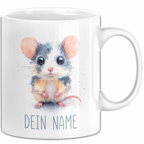 Mäuse Tasse mit Namen – Personalisierte Kaffeebecher Geschenkidee süßes Tiermotiv Namenstasse (Weiß)