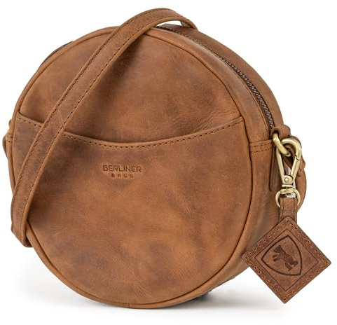 Berliner Bags Handtasche Moon Vintage, Runde Umhängetasche Leder - Braun | Kleine Umhängetasche & Handtasche für Damen, Runde Form aus Echtleder, Magnetverschluss & Reißverschlussfach hinten