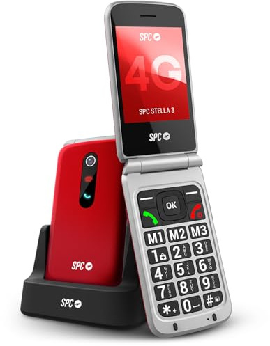 SPC Stella 3 - Teléfono móvil para Mayores con Tapa y 4G | Menú y Teclas Grandes | Botón SOS, configuración remota, Compatible audífonos y Volumen 103dB | Base de Carga y 3 memorias directas, Rojo