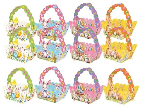 predolo 12x Cestini di Carta Pasquali 4 Colori, Tema Pasquale Scatole di Biscotti di Caramelle Vuote, Decorative Scatole di Dolcetti Carine Cestini Regalo