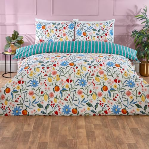 wilko Valencia Seersucker Duvet Set King, Reversible Floral Fruit and Stripe Pattern, 52% Polyester 48% Cotton