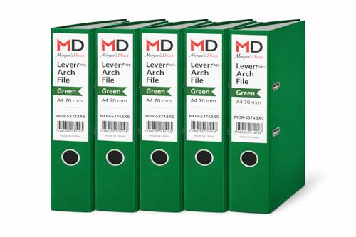 Morgan's Direct Green A4 Lever Arch Files 70mm Spine – Pack of 5 | Heavy Duty Lever Arch Binders with Finger Hole & Spine Label | Office, School & Home Filing |