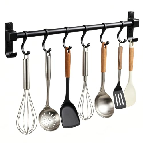 Ranjima krokstång kök 40 cm, aluminiumstång för köksredskap, stång för köksredskap med 6 rörliga krokar, multifunktionell köksstång, för stekspade svarvar, skärbräda, sked