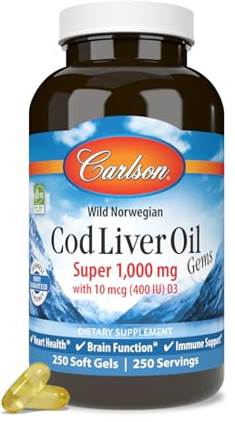 Carlson Cod Liver Oil Gems, Super 1000 mg, 250 mg Omega-3s, 250 Softgels