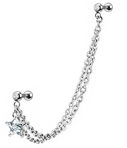 Piercingfaktor Piercing Ohr aus Chirurgenstahl mit Kristall Helix Tragus Ohrpiercing Cartilage Stab Barbell Strass Stern 2 Kette Lang Silber Clear