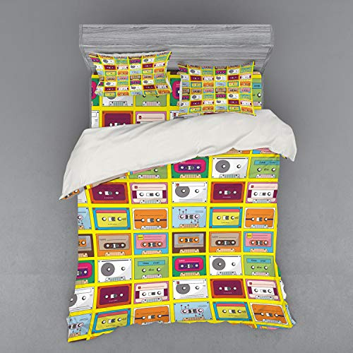 Ambesonne 70s Party Duvet Cover Set, Music Tape Design Pattern Audio Cassette Oldschool Cool Record Analogue, 4 Piece Bedding Set with Shams and Fitted Sheet, Queen Size, Multicolor