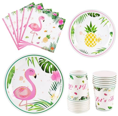 WERNNSAI Décorations Fête Flamant Rose - 64 PCS Décorations Anniversaire Flamant Filles Enfants Ensemble Assiettes Serviettes Gobelets Vaisselle Déco Fête D'anniversaire Tropicaux Hawaï 16 Personnes