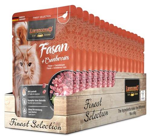 Leonardo Bolsas [16x85g Faisán + Arándano agrio] | Alimento húmedo sin Cereales para Gatos | Alimento Completo en prácticas raciones Individuales