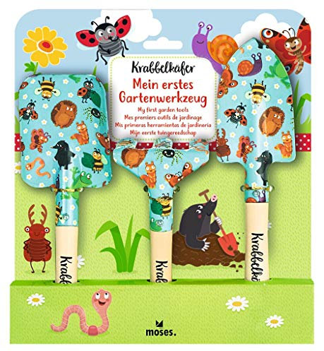moses. 16142 Krabbelkäfer Mein erstes Gartenwerkzeug, 3-teiliges Garten-Set für Kinder, bestehend aus,Gartenschaufel, Handspaten und und Unkrautharke, bunt