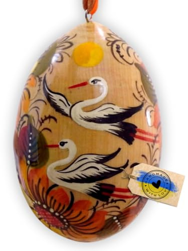 Handbemalte Ostereier zum Aufhängen aus Holz mit Störche und Schönem Blumenmuster, 6-7 сm Ukrainische Petrykiwka-Malerei Pysanky Kunsthandwerk