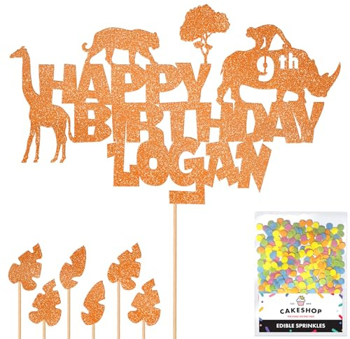 Personalised Jungle Animals Glitter Cake Topper- Orange Any Custom Age & Name Glitter Cake Decoration and Sprinkles - Happy Birthday Decorations - Personalised Toppers for Cakes by Cakeshop