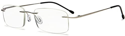 KOOSUFA Anti Blaulicht Randlose Lesebrille Herren Damen Ultra Leicht Metall Rahmenlose Lesebrillen Sehhilfe Arbeitsplatzbrille Anti Müdigkeit Brille (1x Silber, 4.0)