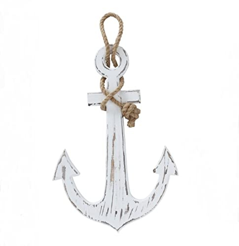 RiloStore Holz-Anker XXL weiss Maritim 45 x 30cm BB Holzanker weiß altweiß SCHIFFSTAU Shabby Chic Dekoanker Ostsee Dekoration Schiffsdeko Deko Objekt SEIL TAU