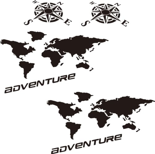 Nouvelle Génération 2 Autocollants Stickers Planisphère Aventure de 34 cm + 2 Autocollants Roses des Vents de 15 cm valises pour Moto Enduro Adventure