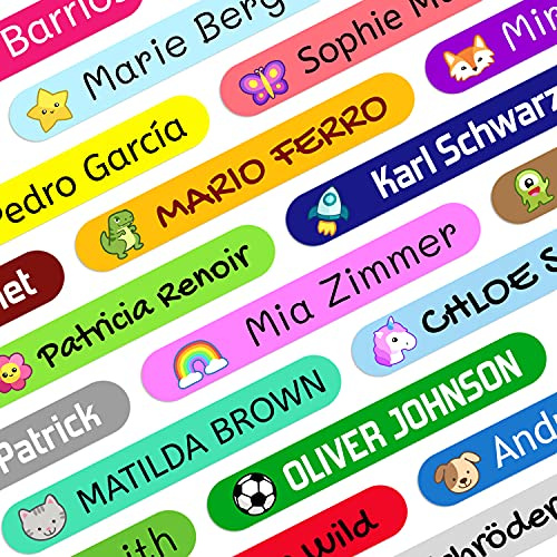 Namensaufkleber Kinder für Schule (150 Stück) - Personalisierte Aufkleber mit Namen für Stifte und Bleistift. Farbige Etiketten wasserfest. Größe 4,6 x 0,6 cm.